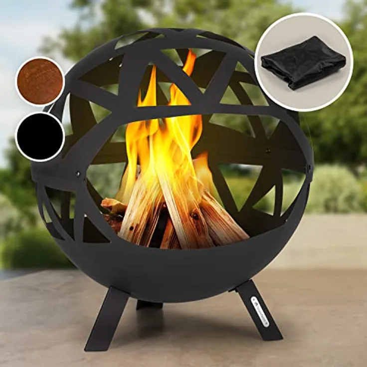 Blumfeldt Feuerschale 68 cm, Robuste Outdoor Stahl-Feuerschale mit Standfuß, Wetterfest und mobil für Balkon & Camping, Runde Feuerstelle