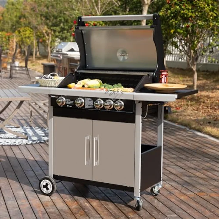 Royal Gourmet 4+1 Brenner Gasgrill Grillwagen mit Unterschrank, Edelstahlbrenner mit 14,5 kW und automatischer Zündung Campinggrill mit Seitenbrenner Silber - Vielseitiger Grill mit großem Kochraum und effizienter Wärmeübertragung – Bild 2