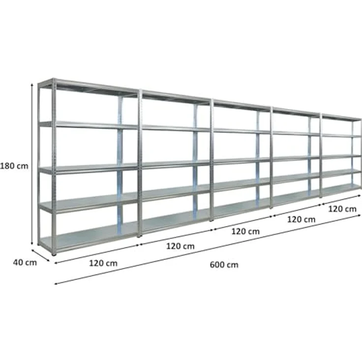 Proregal Schwerlastregal Mega Deal Steel Eagle, Verzinkt, H 180 x B 120 x T 40 cm, 5 Böden, Traglast 130 kg pro Boden, Einfache Steckmontage – Bild 2