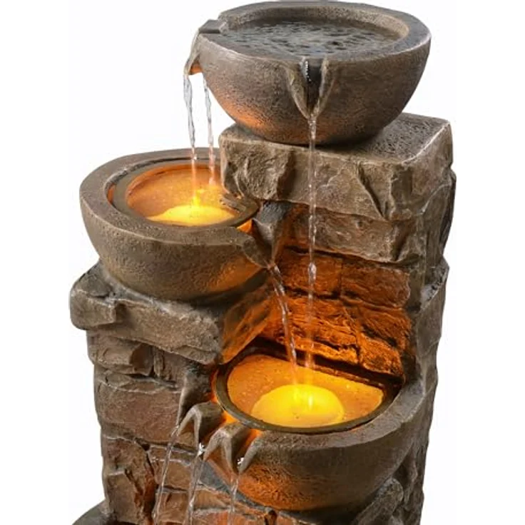 Teamson Home Wasserfallbrunnen "Cascading Bowls & Stacked Stones", Gartenbrunnen mit LED, Polyresin braun, H84 cm – Bild 6
