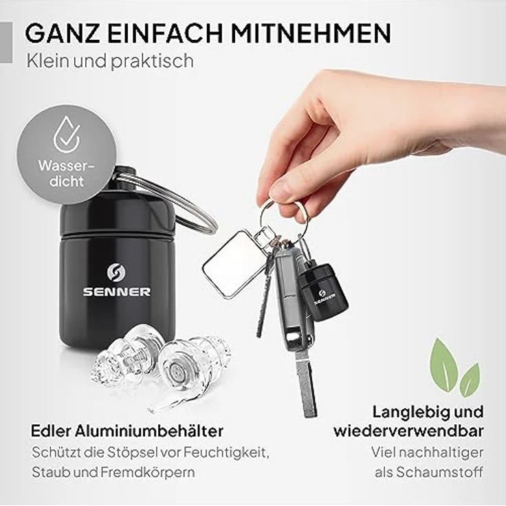 Senner Gehörschutzstöpsel PartyPro, 18 dB Lärmreduzierung für Musik, nahezu unsichtbar, hypoallergen, inkl. Aluminium Behälter – Bild 7