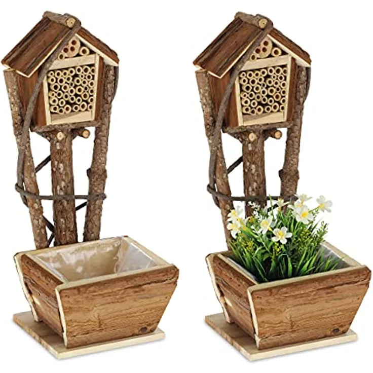 Relaxdays Bienenhotel mit Blumentopf, 2er Set, kleines Insektenhotel, Garten & Balkon, Nisthilfe für Wildbienen, Natur - Preisvergleich