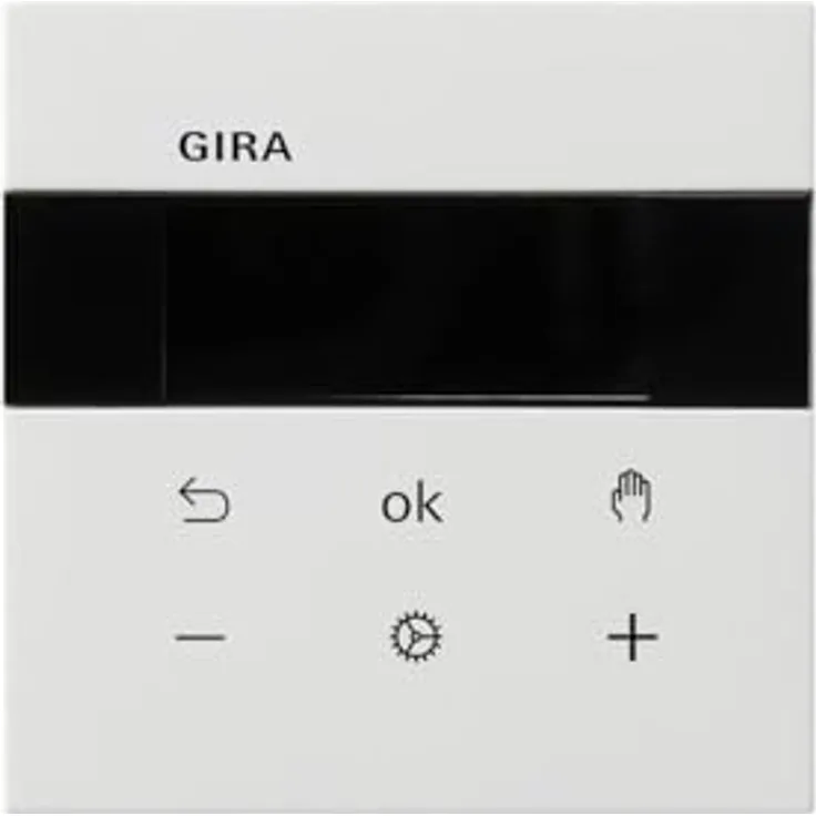 Gira 5394112 System 3000 Raumtemperaturregler BT, Flächenschalter, reinweiß glänzend, Bluetooth-Steuerung, kapazitive Sensorfläche, manuelles und zeitgesteuertes Regelsystem