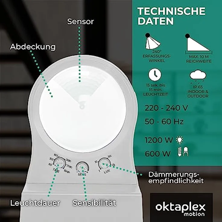 Oktaplex Don Bewegungsmelder Außen 230V IP65 Einstellbarer 240° PIR-Sensor 10m Reichweite Weiss LED geeignet inkl. Eckhalterung – Bild 2