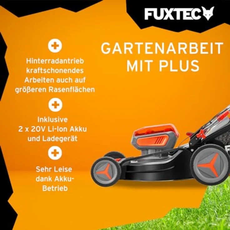Fuxtec 4in1 Akku Rasenmäher 40V (2x20V) FX-E2RM46 mit 2x20V Li-Ion Batterie 4Ah & Doppelladegerät - Schnittbreite 46cm, Schnitthöhe 25-75mm, 50L Grasfangkorb, Mulch-Funktion, Seitenauswurf – Bild 4