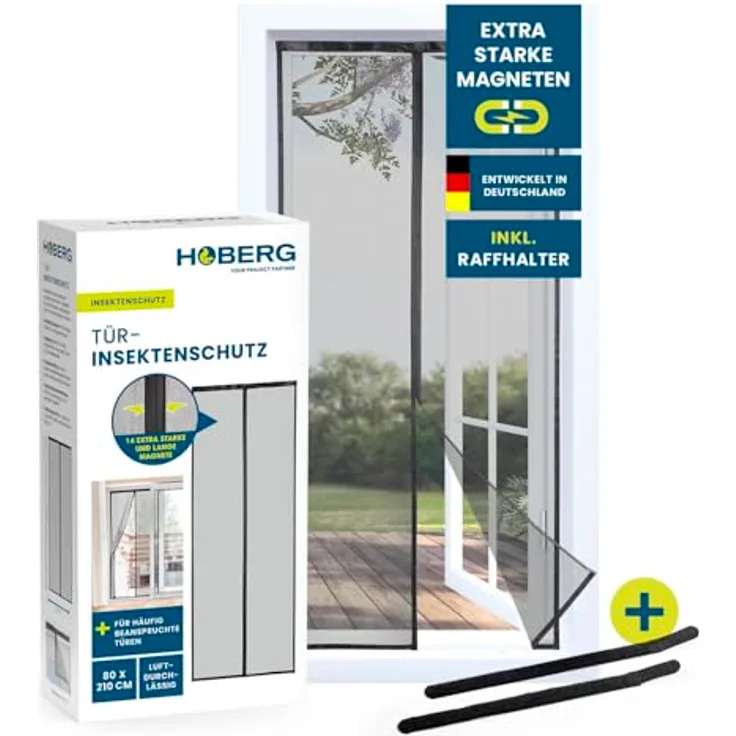 Hoberg Insektenschutzvorhang 80 x 210 cm | Fliegengitter Tür mit XXL-Magnetbändern | Magnet Fliegenvorhang | selbstschließend & strapazierfähig