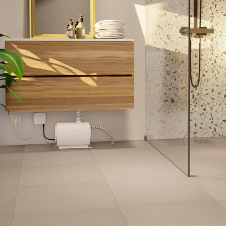 SFA SaniFloor+ Wasserpumpe, Abwasser-Hebeanlage für Fliesenboden, 1 m Ablaufschlauch, Gesamthöhe 68 mm, weiße Ausführung – Bild 2