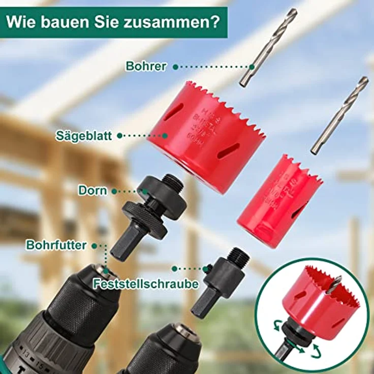 Bi-Metall Lochsäge, HYCHIKA 17tlg Lochsägen Set mit 11 Sägeblättern Ø20mm-68mm, 2 Dornen, 3 Bohrern, 1 Sechskantschlüssel, Ideal zum Bohren von Weichmetall, Holz, PVC-Platte und Kunststoffplatte – Bild 3