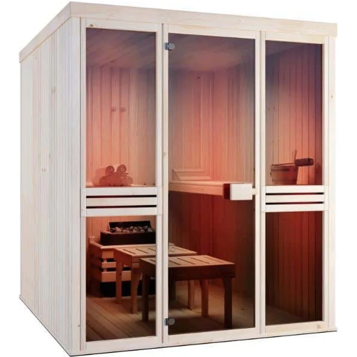 FinnTherm Sauna Innensauna Karina, 175 x 194 x 199 cm, 40 mm, verglaste Front, nordische Fichte