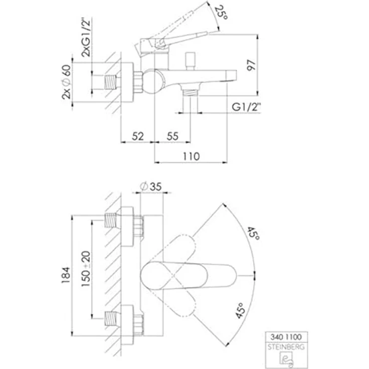 Steinberg Serie 340, Wannenarmatur Aufputz für zwei Verbraucher, Chrom, Ausladung 110mm, Einhebelarmatur – Bild 7