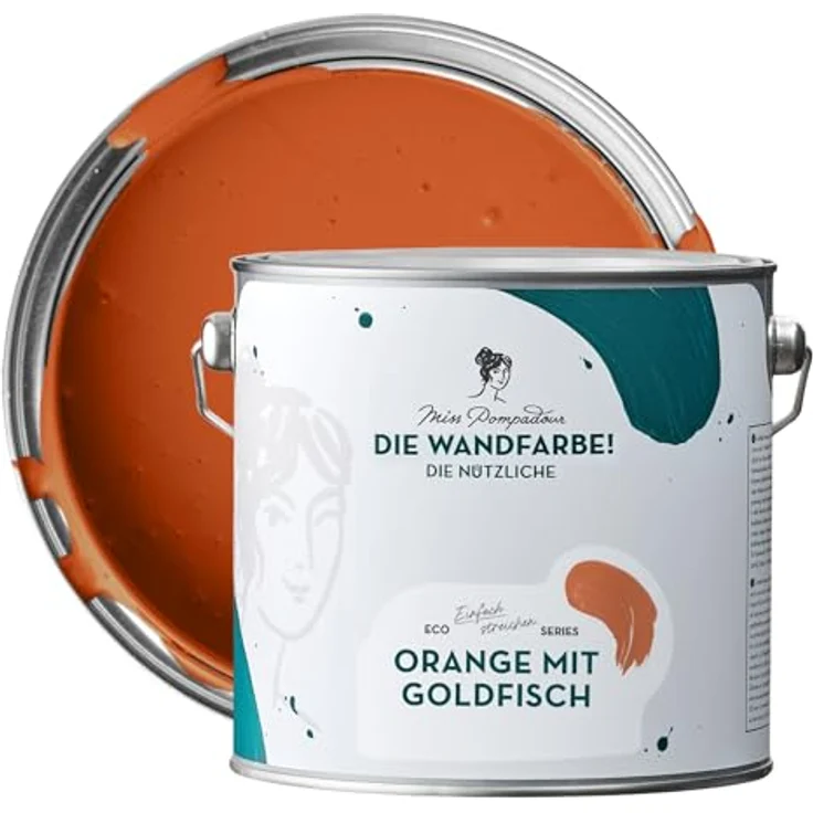 MissPompadour Wandfarbe Orange mit Goldfisch, abwaschbare, scheuerbeständige Wandfarbe mit hoher Deckkraft, 2,5 L, wasserbasiert – Bild 1