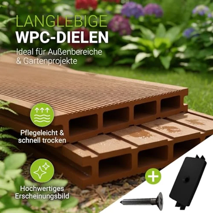 Juskys WPC-Terrassendielen, 20 m² Komplett-Set, witterungsbeständig, raue Oberfläche, Belastbarkeit bis 330 kg/m², Farbe Teak – Bild 4