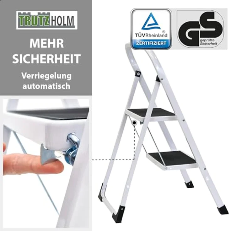 TRUTZHOLM Klapptrittleiter, 2 Stufen, TÜV/GS zertifiziert, 150 kg Traglast, Anti-Rutsch Trittflächen, Sicherheitsverriegelung, pulverbeschichteter Stahl (Weiß) – Bild 5
