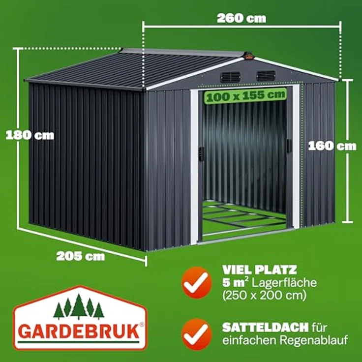Gardebruk GARDEBRUK® XXL Metall Gerätehaus 5m² mit Fundament 260x205x180cm Schiebetür Metallic-Grau Geräteschuppen Gartenhaus 9m³ - Wetterfest, gute Belüftung, stabiles Fundament - Preisvergleich – Bild 3