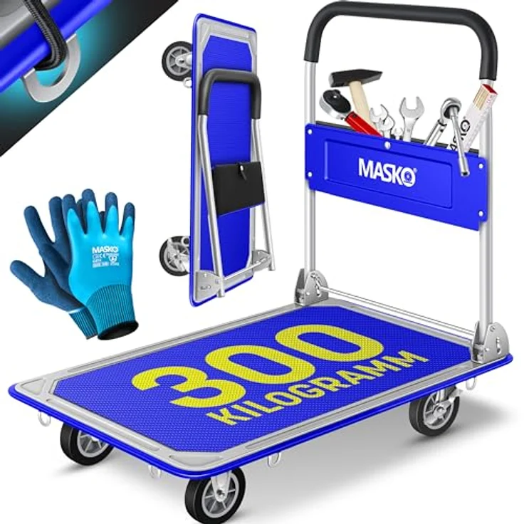MASKO Transportwagen, Klappbarer Plattformwagen mit robustem Stahlrahmen, 300 kg Tragkraft, inklusive Arbeitshandschuhe – Bild 1