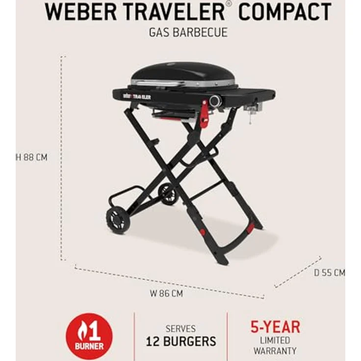 Weber Traveler Compact Gasgrill (2026), Tragbares klappbares Design mit Rädern, 1 Brenner, 52 x 36 cm Grillfläche, Schwarz – Bild 5