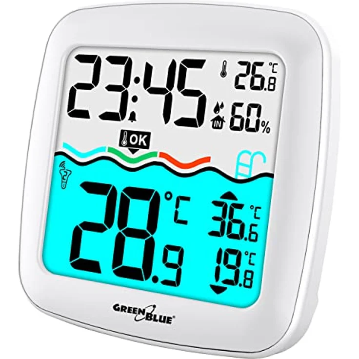 Greenblue GB216 Poolthermometer mit Wetterstation, DCF, kabelloser Wassertemperatursensor, Weiss, Grau – Bild 2