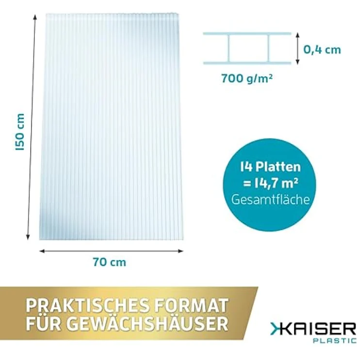 KAISER plastic Gewächshausplatten Xtra Strong, 14 Stk. Polycarbonat Doppelstegplatte, 700g/m2, 700 x 1500 mm, 4mm Stärke, UV-beständig, 14,70m2 Gesamtfläche – Bild 2