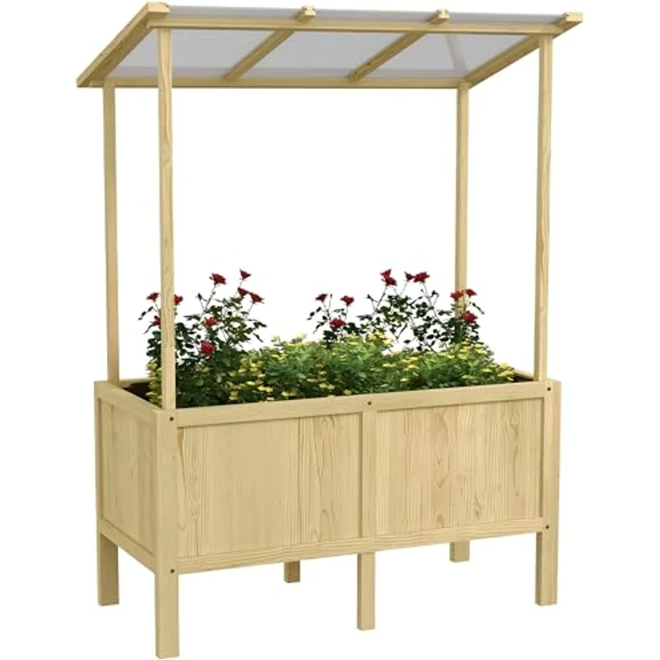 Outsunny Hochbeet aus Holz, Frühbeet mit Deckel, Pflanzkasten mit Vliesstoff, Naturfarben, für Garten und Balkon, 110 x 60 x 152 cm – Bild 1
