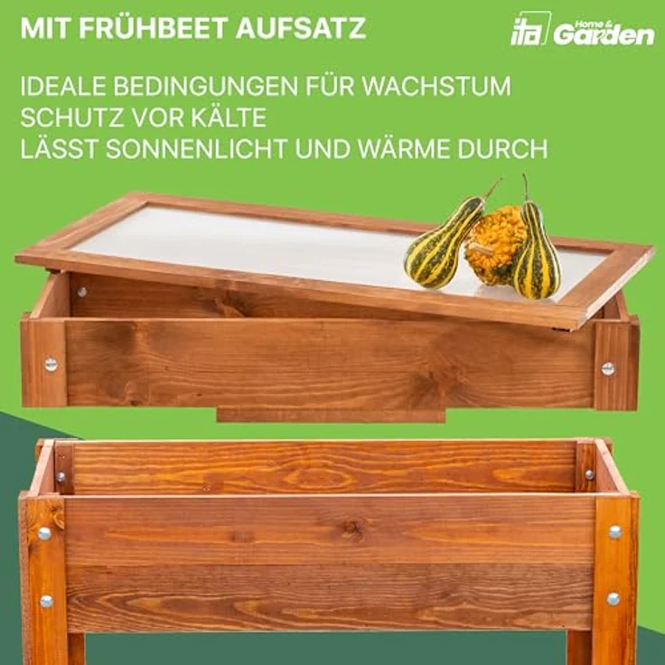 ITA Hochbeet mit Frühbeetaufsatz 80x37x78 cm - Pflanzkasten aus FSC Holz - Made in EU - Braun – Bild 2