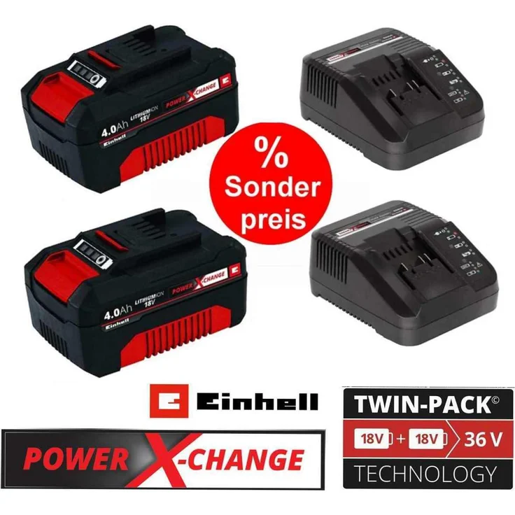 Einhell Power X-Change, 2 x 4,0 Ah Li-Ion Akku mit 2 Ladegeräten, 18 V, intelligente Ladezustandsanzeige und Stoßschutz