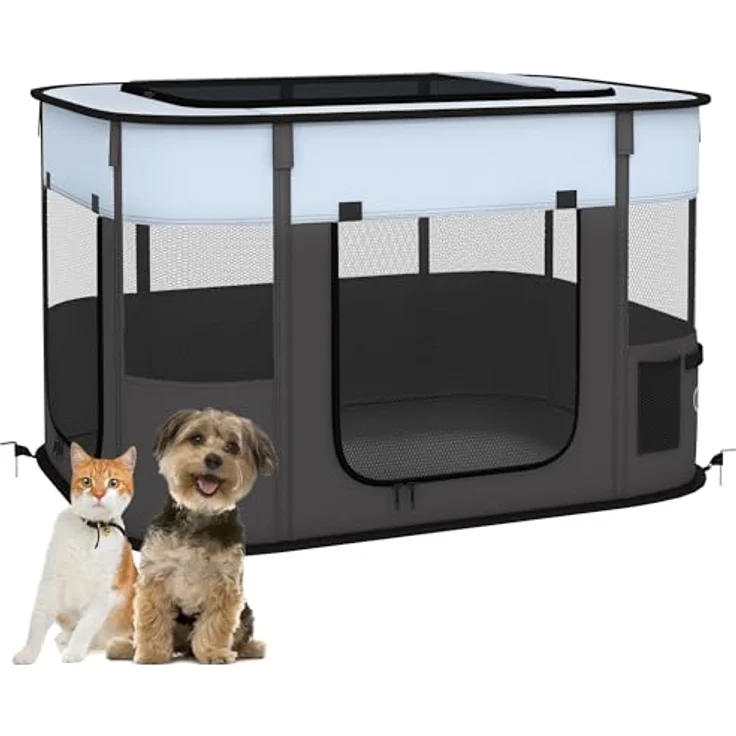 PawHut Welpenauslauf, faltbarer Welpenlaufstall mit Türen und Fenstern, atmungsaktives Netz, für kleine Hunde unter 10 kg, Indoor und Outdoor, 94 x 74 x 60 cm, Grau – Bild 1