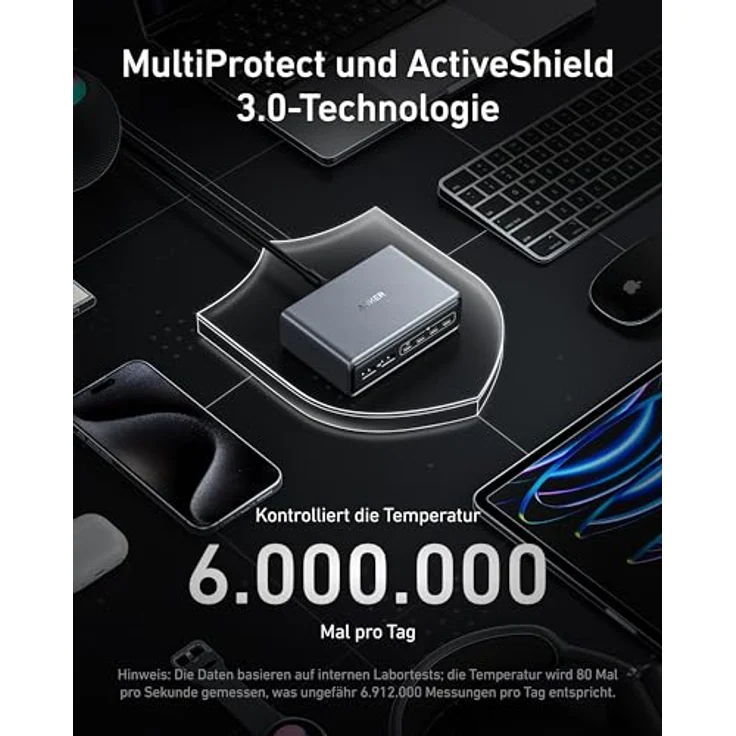 Anker Prime Ladegerät, 200W 6 Anschlüsse GaN Ladestation, USB-C PD Desktop Ladegerät mit Schnell-Laden, kompatibel mit iPhone, Samsung, MacBook, Dell - Schwarz – Bild 5