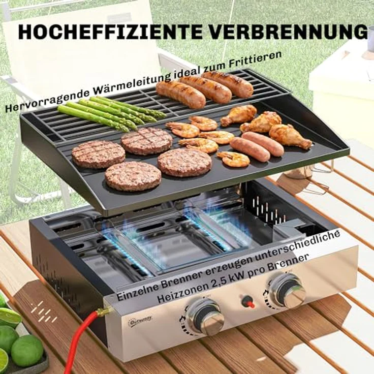 Outsunny Gasgrill 5 KW, tragbarer Tischgrill mit 2 Edelstahlbrennern, emaillierte Grillplatte, herausnehmbarer Fettauffangschale für Garten und Balkon – Bild 3