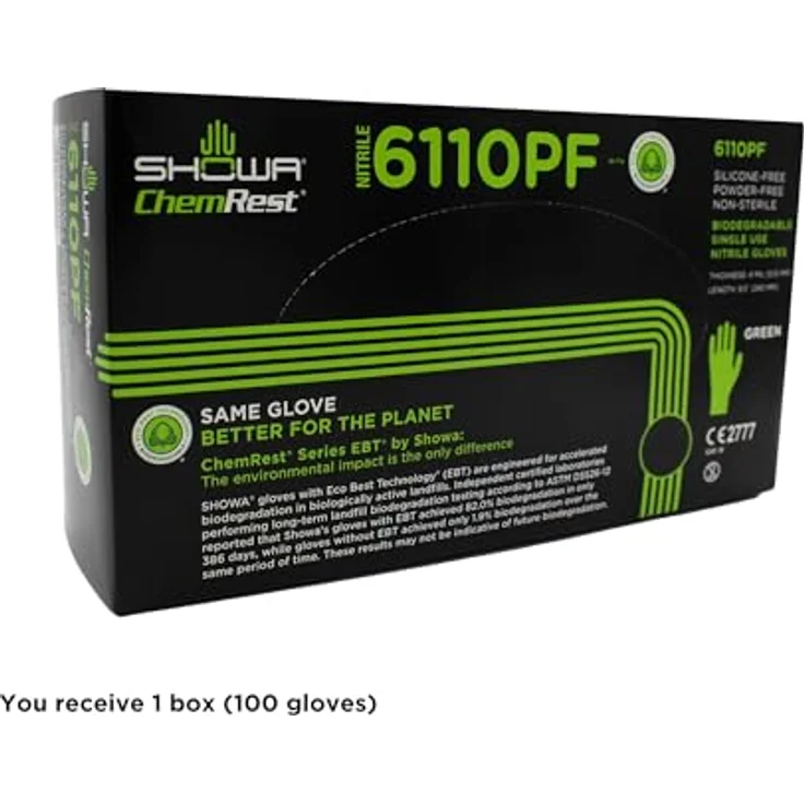 SHOWA 6110PF, Nitril - Beschichtung, Einweghandschuh, Grün, 7/S – Bild 3