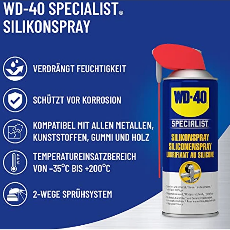WD-40 Silikonspray 'Specialist', farbloses Hochleistungs-Silikonspray, 300 ml, wasserabweisend und feuchtigkeitsgeschützt, geeignet für Metall, Kunststoff und Gummi – Bild 3