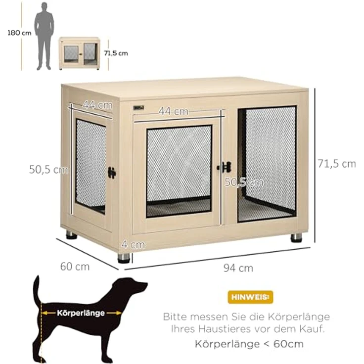 PawHut Hundekäfig, Haustierkäfig, Hundehaus, Hundehütte mit Kissen, Hundebox Indoor, Tierkäfig mit 2 Türen für kleine Hunde bis mittelgroße Hunde, Eiche, 94 x 60 x 71,5 cm – Bild 5