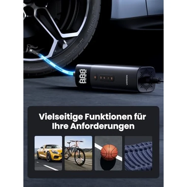 UGREEN Luftpumpe 12V, Elektrischer Kompressor mit digitaler Anzeige, 0.2-10.3bar / 3-150psi, tragbare Reifenpumpe für Fahrräder, Motorräder und Autos mit LED Licht – Bild 2