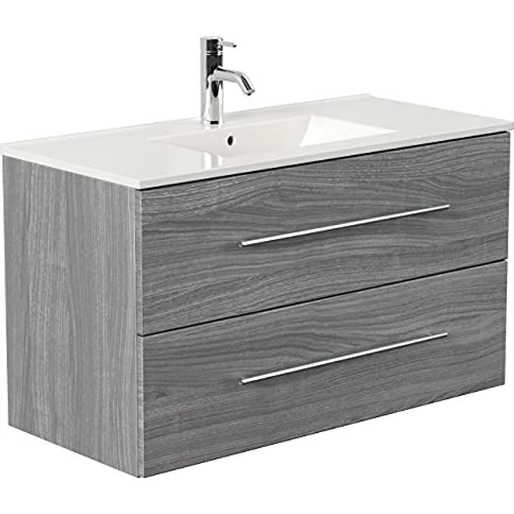 emotion | Waschbecken mit Unterschrank in Silber-Eiche | Made in Germany | B101 x H56 x T47 cm | Waschtischunterschrank mit zwei Schubladen | Keramik-Badmöbel für designvolle Badezimmer – Bild 3