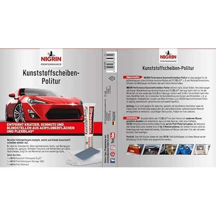 NIGRIN 73914 RepairTec Acryl-und Plexiglas Politur-Set: 1 x Kunststoff-Politurpast, 1 x Schleifpapier, 1 x Poliertuch – Bild 5