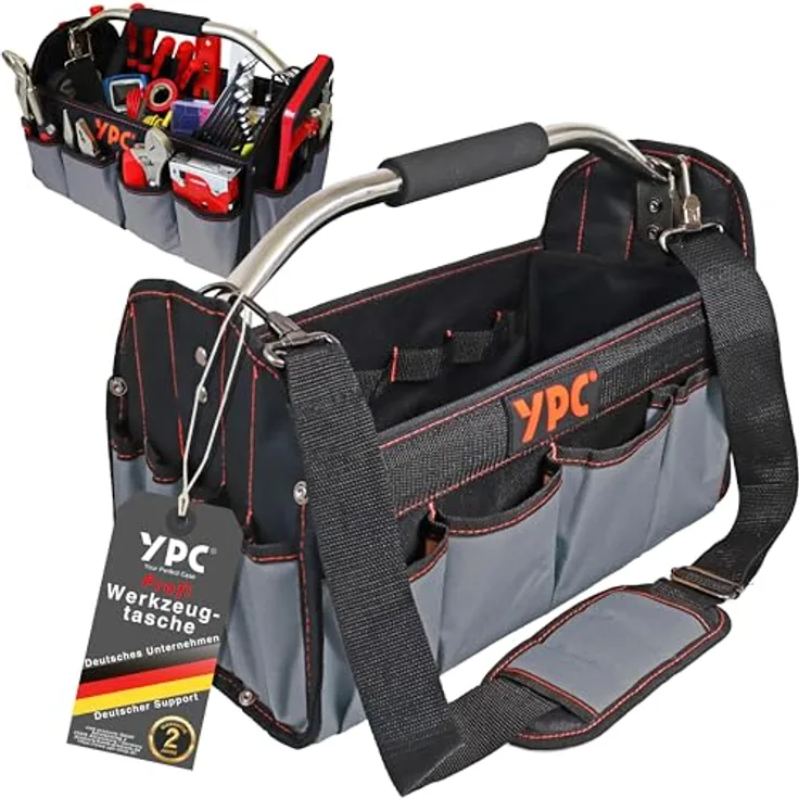 YPC Carrier Werkzeugkorb XL – Tragbare Werkzeugtasche, wasserfest & reißfest mit stabilem Boden, Schultergurt mit Polster & Metall-Handgriff, Grau-Schwarz, 40,5x30x19,5cm, 20 kg Tragkraft