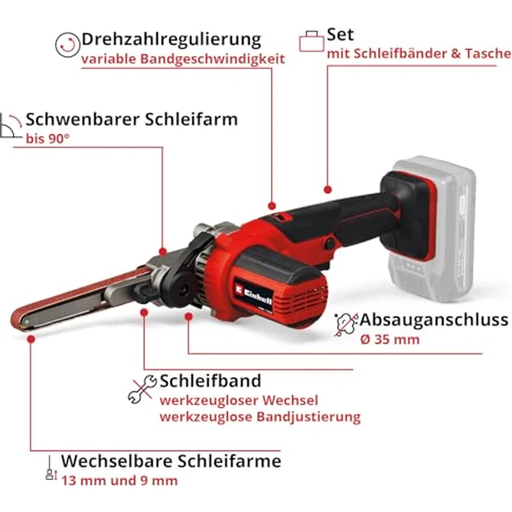 Einhell Akku-Bandfeile TE-BF 18 Li-Solo Power X-Change (18 V, bis 1.700 m/min, 2x Schleifarme 9 mm und 13 mm, inkl. 12x Schleifbänder) – Bild 3