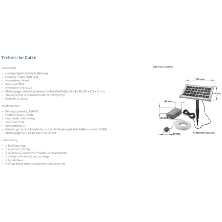 Esotec Solar Teichbelüfter 3,5/130, Sauerstoffpumpe mit 130 l/h Luftleistung, Solarmodul 3,5W, inkl. Erdspieß, Luftschlauch und Luftausströmer – Bild 5