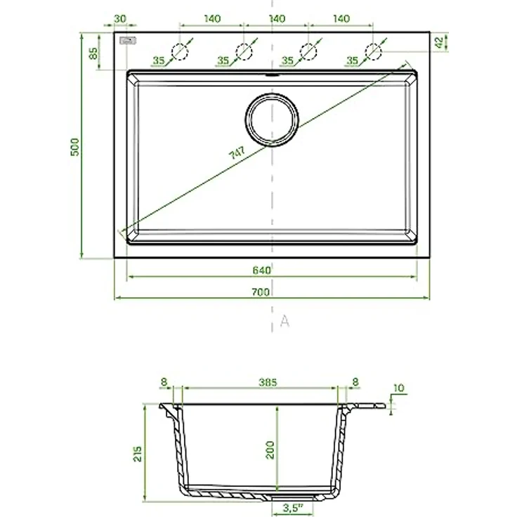 KOLMAN Granitspüle Tau Spülbecken Einzelbecken mit Space Saving Siphon (Beige, 50x70 cm) – Bild 4