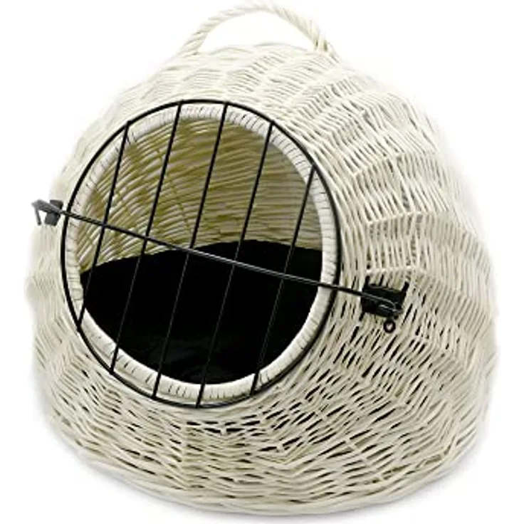 MyBer® Haustierbett Transportbox Katzen Korbhöhle Katzenhöhle Katzenkorb Hundekorb aus Weide mit abnehmbarem Gitter und Kissen geflochten K5-583-W-SS