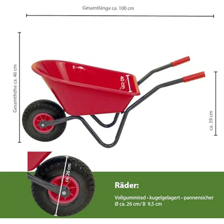 TRUTZHOLM Kinderschubkarre Uni, 40 kg Traglast, 3,6 kg leicht, pulverbeschichteter Stahlrahmen, rot, Vollgummirad – Bild 2
