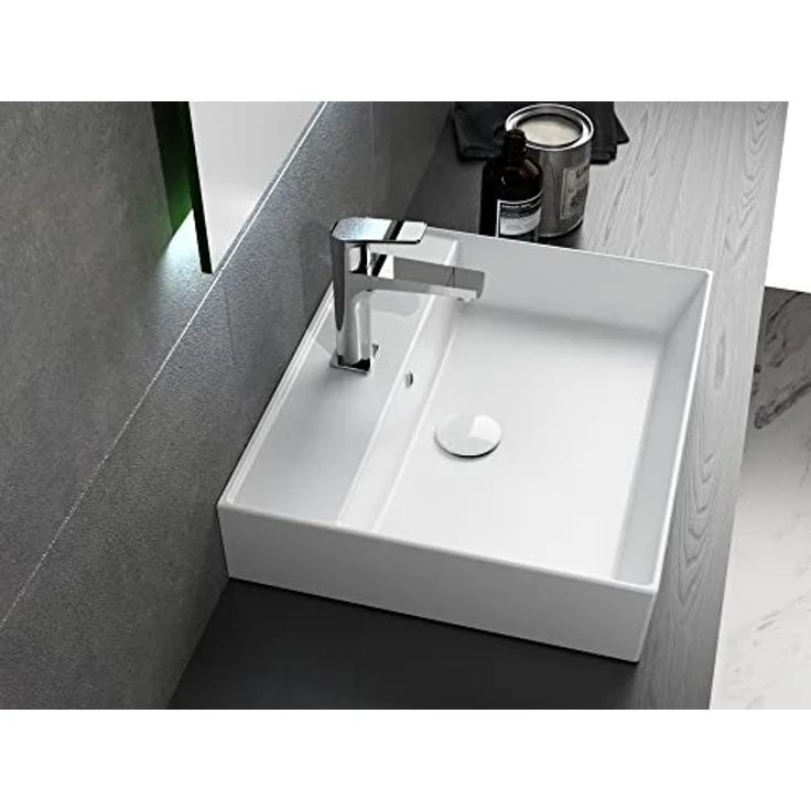 Aqua Bagno | Keramik Waschbecken weiß, eckiger Waschtisch für Gäste-WC, Waschbeckenaufsatz Loft Air Design | 612x466 mm – Bild 5