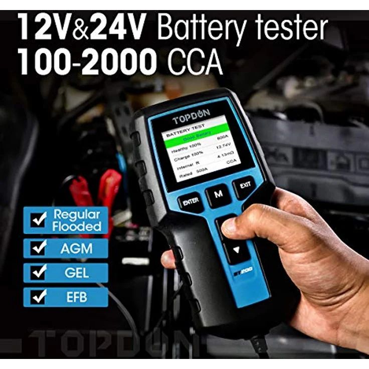 TOPDON Autobatterietester BT200 12V 24V Lasttester, 100-2000CCA Generatorprüfer für Kraftfahrzeuge - Digitaler Autobatterieanalysator, Farb-LCD-Bildschirm, für PKW-LKW ATV Auto Boot – Bild 2