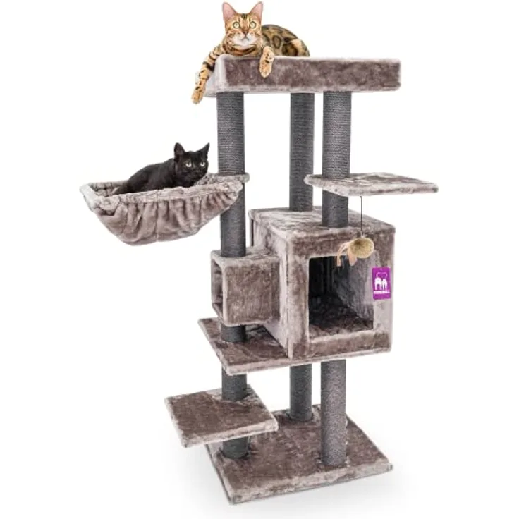 Petrebels Design Kratzbaum, Cleopatra 134 cm, Cappuccino Farbe, Katzenkratzbaum mit XL Liegemulde, Katzenhöhle und dicken Ø 9 cm Natursisal Stämmen