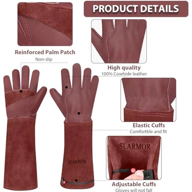 SLARMOR Gartenhandschuhe aus Leder, dornensicher und mit Unterarmschutz, lange Rindsleder Arbeitshandschuhe für Damen und Herren, ideal zum Beschneiden von Rosen – Bild 2