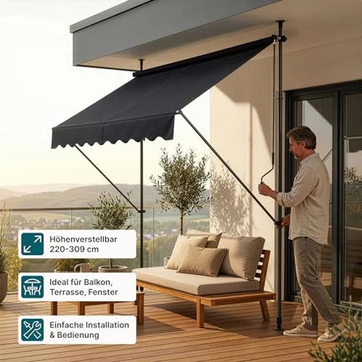 Klemmmarkise 300x120x200-300cm Markise Balkonmarkise -ohne Bohren- Protec – Bild 4