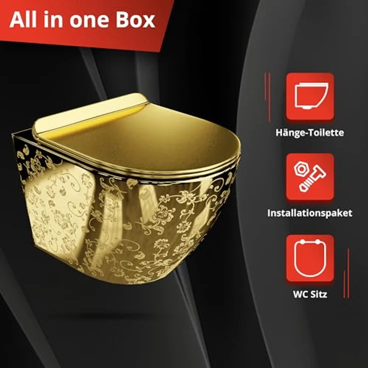 lavita Wand-WC Sofi Slim Golden Eye | Hänge Toilette mit Absenkautomatik & Metallscharniere | Spülrandlos Hängend | 365x490x395 mm | Gold – Bild 4