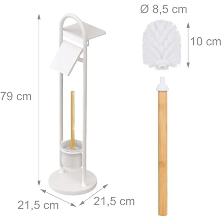 Relaxdays WC-Garnitur, Rollenhalter mit Ablage & Bürstenhalter, Eisen/Bambus, weiß/Natur, HxBxT: 79 x 21,5 x 21,5 cm, freistehend, stabil mit rutschfestem Zementfuß – Bild 4