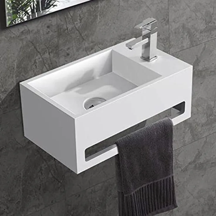 Solid Surface Waschbecken + Handtuchhalterung Hahnloch Rechts 36x20x16cm