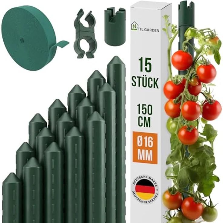 TTL GARDEN Rankstäbe 15er Set, 150cm x 16mm Ø grün, extra stabil mit Klettband und Clips, rostfreier Stahl, für Tomaten und Kletterpflanzen – Bild 1