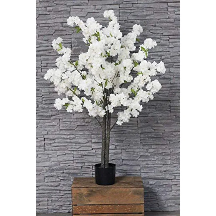 Arnusa Künstlicher Kirschblütenbaum 120cm Weiß Kunstpflanze - Japanische Kirschblüte, Optisches Highlight mit hochwertigen künstlichen Blütenblättern